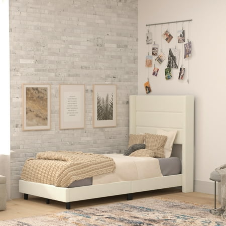 Alamont Home - Hollis Twin Size Upholstered Platform Bed with Wingback Headboard - Beige