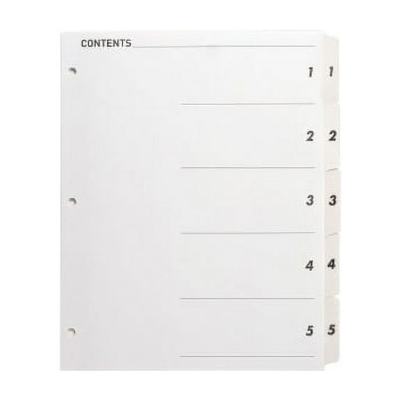 Business Source Table of Content Quick Index Dividers Printed Tab(s) - Digit - 1-5 - 5 Tab(s)/Set - 8.5" Divider Width x 11" Divider Length - 3 Hole Punched - White Divider - White Mylar Tab(s) - 5 /