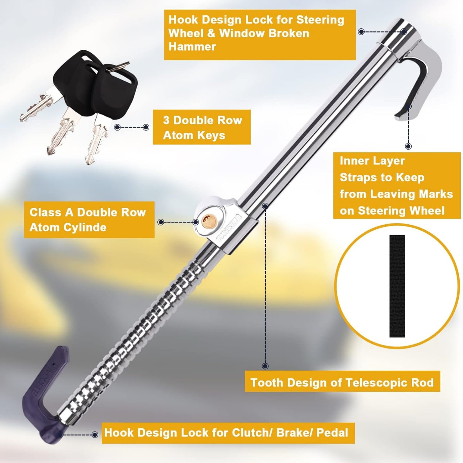 Universal Steering Wheel Brake Lock Anti-Theft Retractable Double Hook Car Clutch Pedal Lock for Car Truck SUV Van Security with 3 Keys