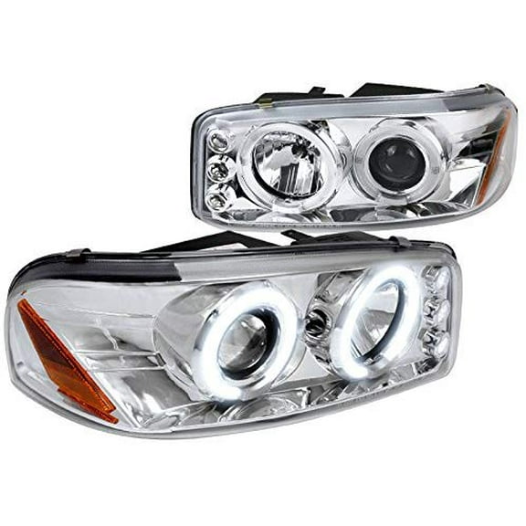 SMD LED Halo Projector Headlight In Chrome Housing Clear Lens Made For And Compatible With 1999 - 2006 GMC Sierra Denali Yukon XL 99 00 01 02 03 04 05 06