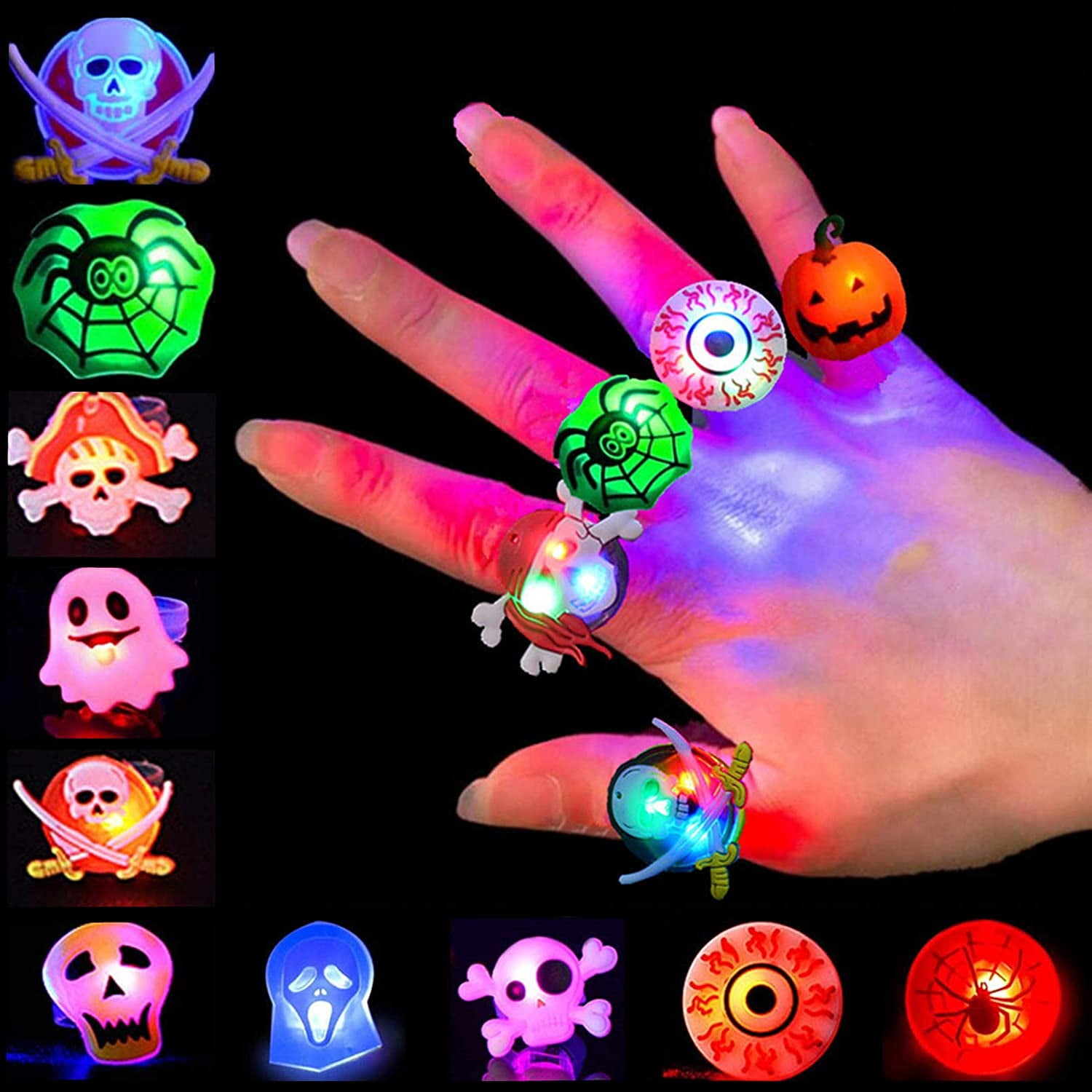 Husfou Halloween LED Rings, 50 Pcs Light up Rings for Kids & Adults, Halloween Party Favors Supplies in The Dark Rave, Luminous Ring Decorations for Halloween Party & Event with Various Shapes
