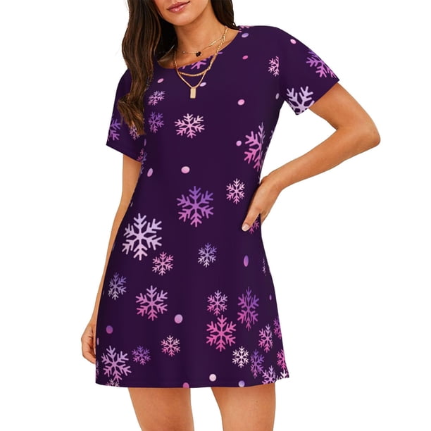 Fotbe Purple Snow Flakes Bata de Dormir para Mujer con Estampado, Camisón de Algodón de Manga Corta, Ropa de Dormir Casual
