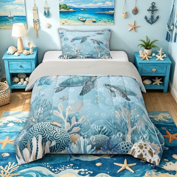 spefrowx Watercolor Sea Turtle Twin Comforter Sets for Kids Boys Girls, Blue Coral Wildlife Bedding Set, Gray Reversible, 2-Piece, 1 Comforter and 1 Pillowcase