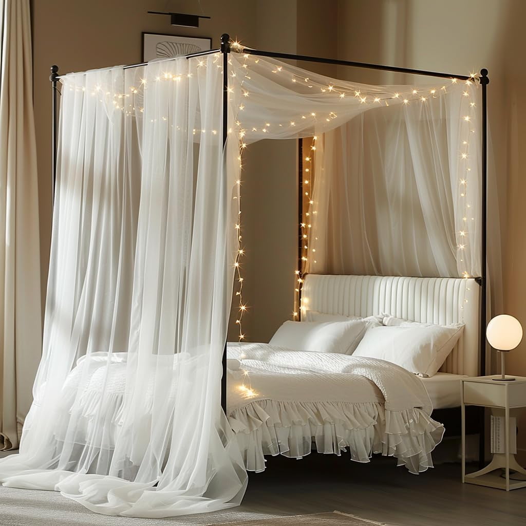 Bed Canopy for Girls with Lights 30 * 228in King Canopy Bed Curtains for Queen & Full Bed White Tulle Canopy Bed Scarf,Sheer Bed Drapes,Twin King Canopy Bed Home Decor (White)