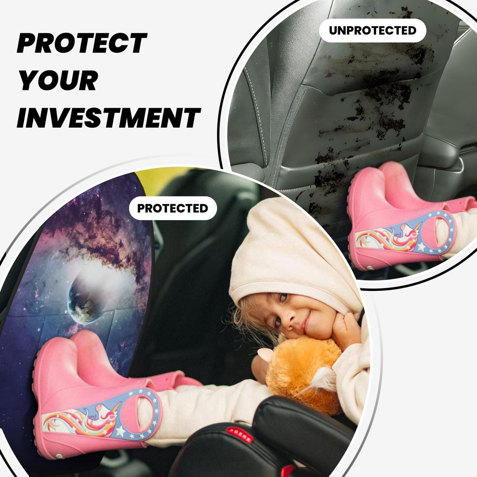 Kdxio Planets Stars And Galaxies Print 2 Pack Car Kick Mat Seat Cover Back Protector Mat with Pockets for Organizer Backseat Protector and Storage Anti Kick Pad for Vehicles