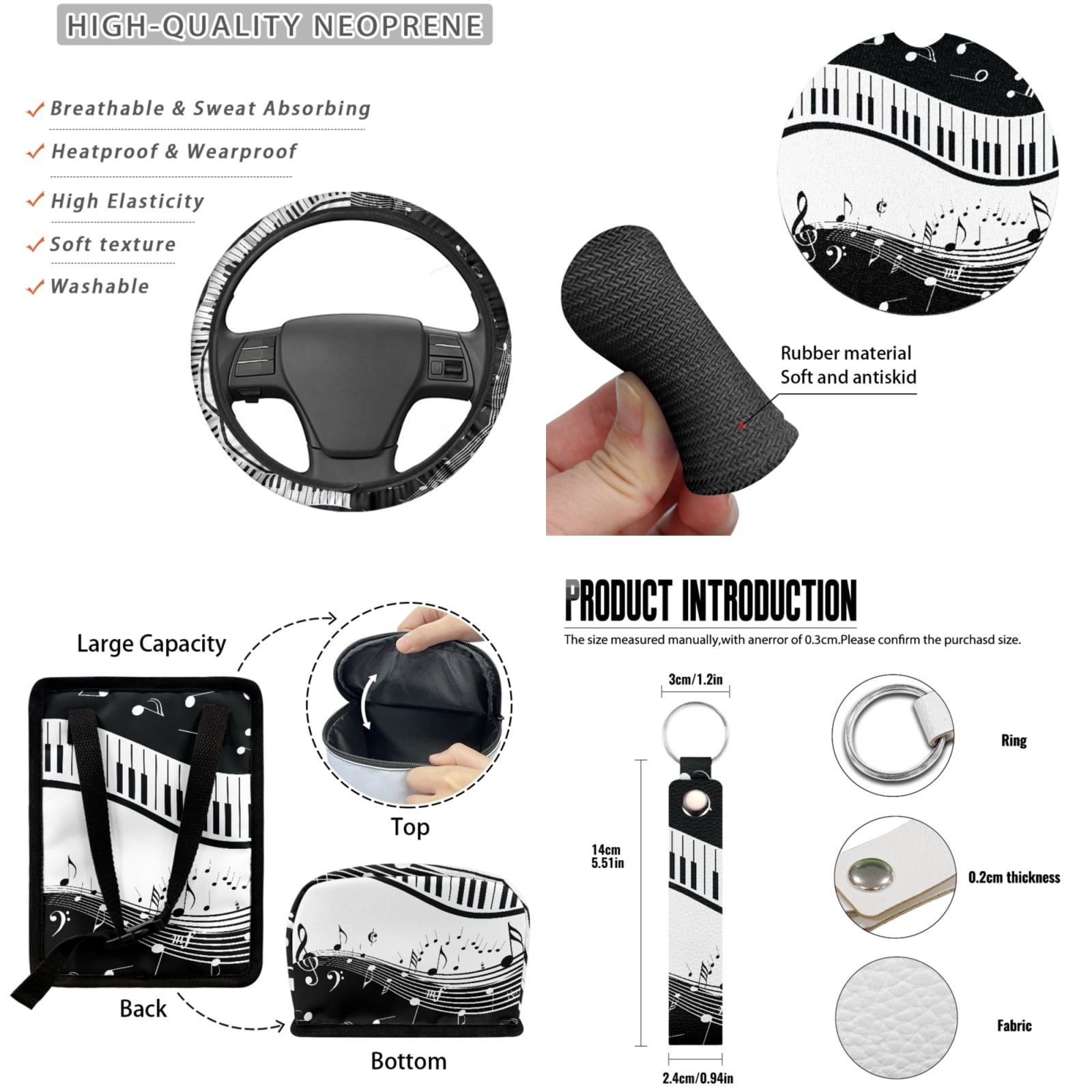 Jeiento Music Note Car Accessories Sets with Car Seat Covers Steering Wheel Cover Seatbelt Shoulder Pad Trash Can Auto Rear View Mirror Covers Coasters Keychain Lipstick Holder 13 PCS Car Decor