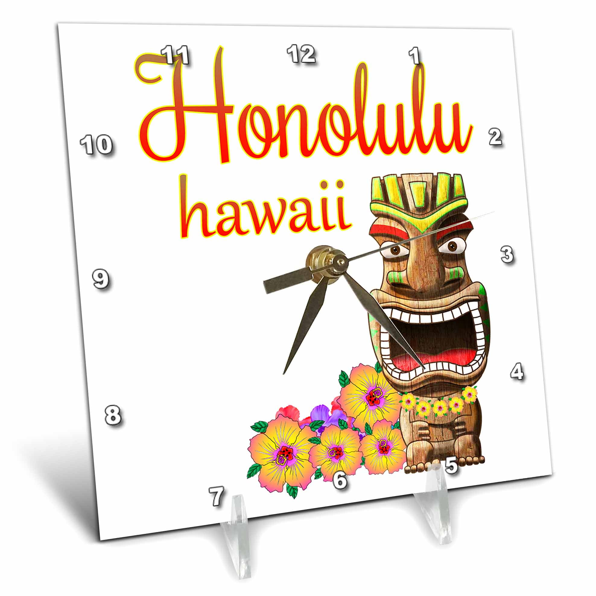 Honolulu Hawaii souvenir with Tiki statue and tropical flowers. 6x6