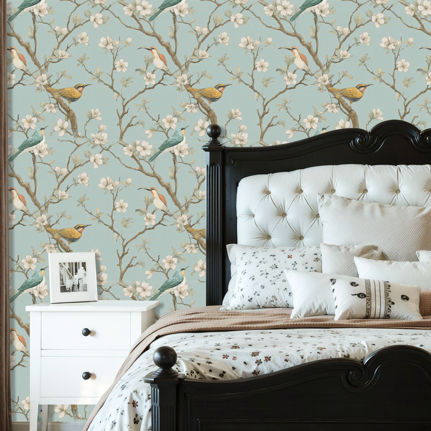 Peel and Stick Wallpaper 23.6in x 9.8ft Chinoiserie Style Birds Blossoms Light Blue Seamless Contact Paper Vinyl Self-Adhesive Removable Wall Paper for Bedroom DIY Home Decor Renter Friendly