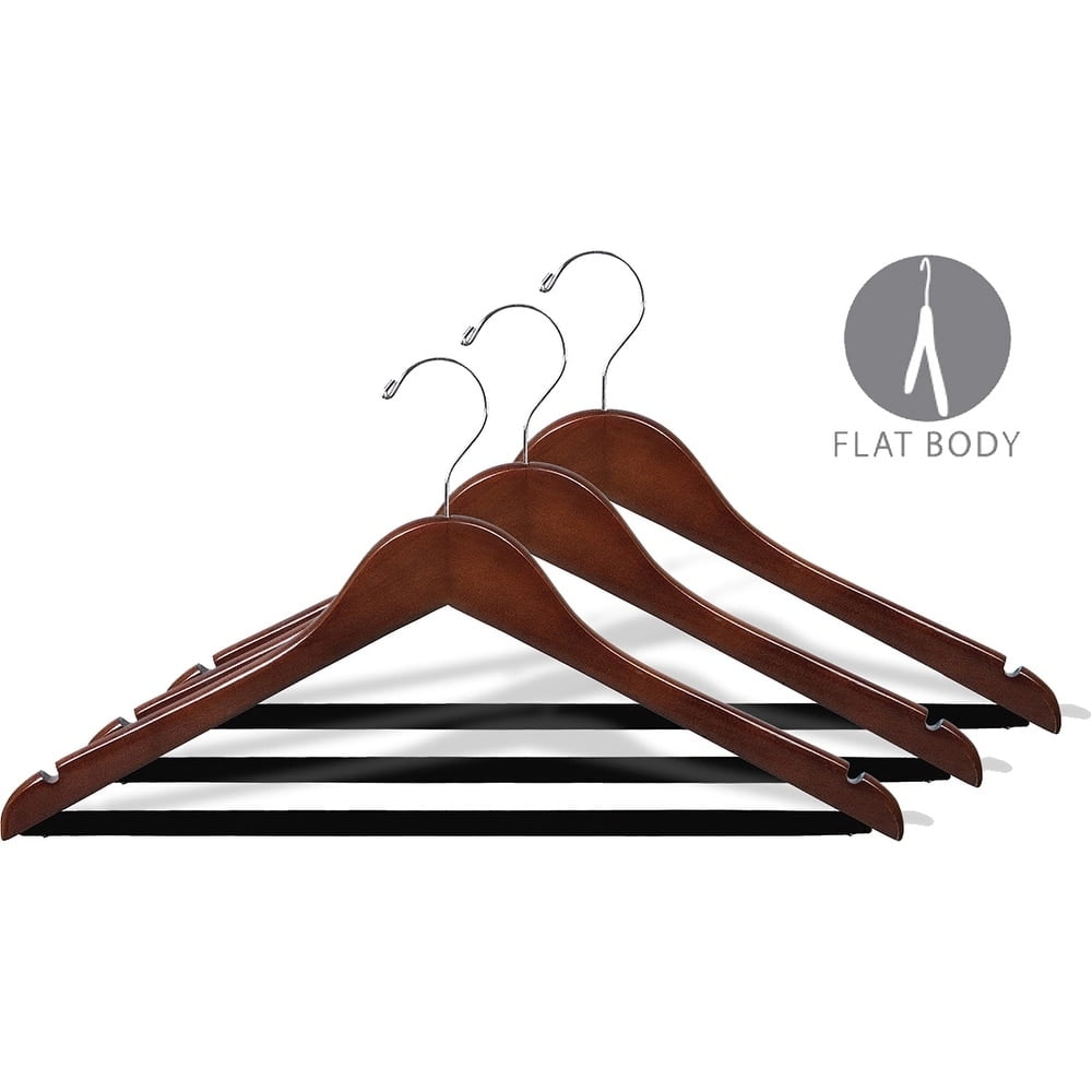 Wood Suit Hanger w/ Velvet Non-Slip Bar, Box of 25 Space Saving 17 Inch Flat Wooden Hangers w/ Walnut Finish & Chrome Hook & Notches for Shirt Dress or Pants by International Hanger