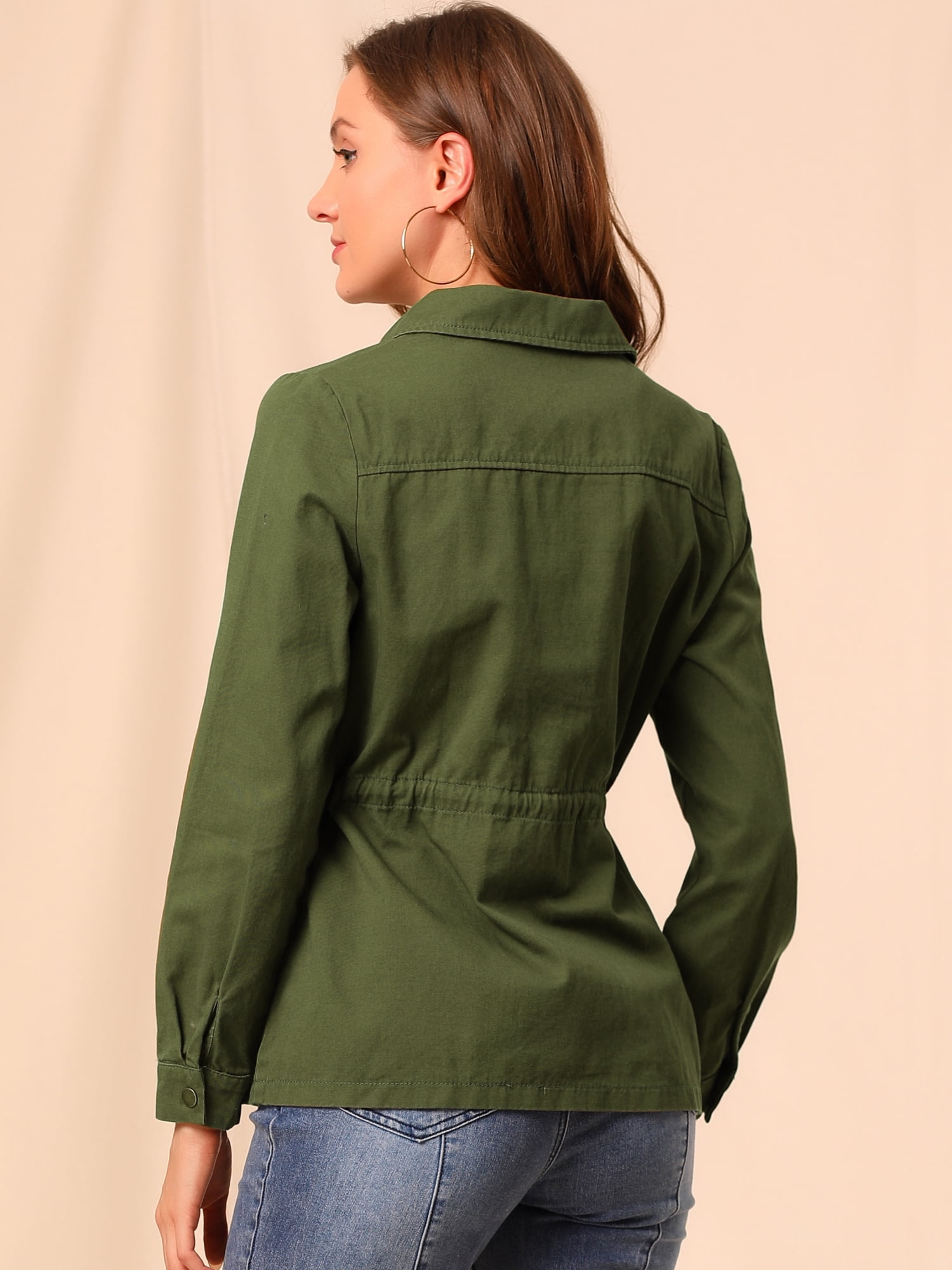DARING DIVA Women's Long Sleeve Drawstring Waist Flap Pockets Jacket 2XL Olive Green