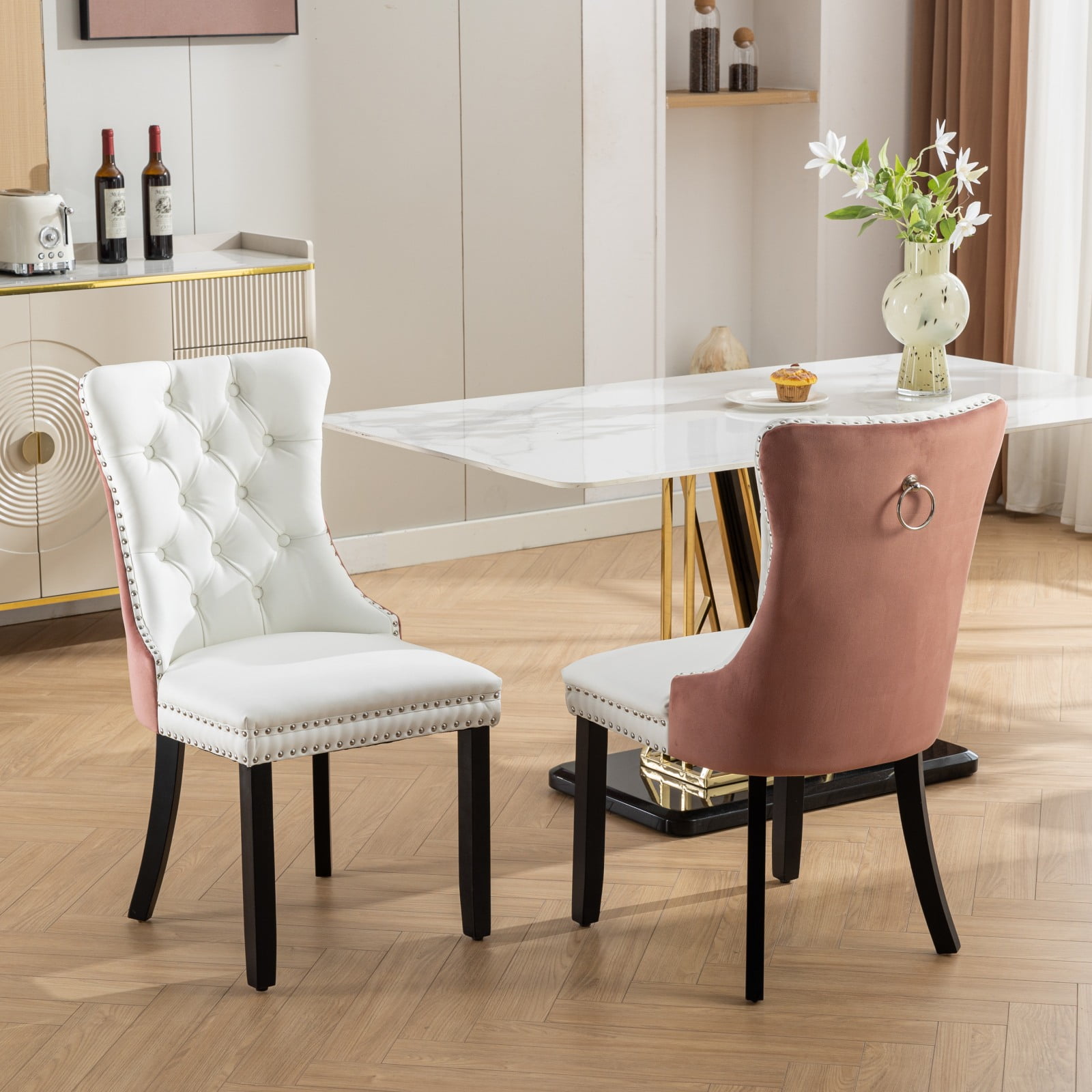 MAYEERTY Modern High-End Tufted Dining Chair - Solid Wood, PU & Velvet Upholstery, Wood Legs, Nailhead Trim, White PU+Pink Velvet, 2-Pcs Set
