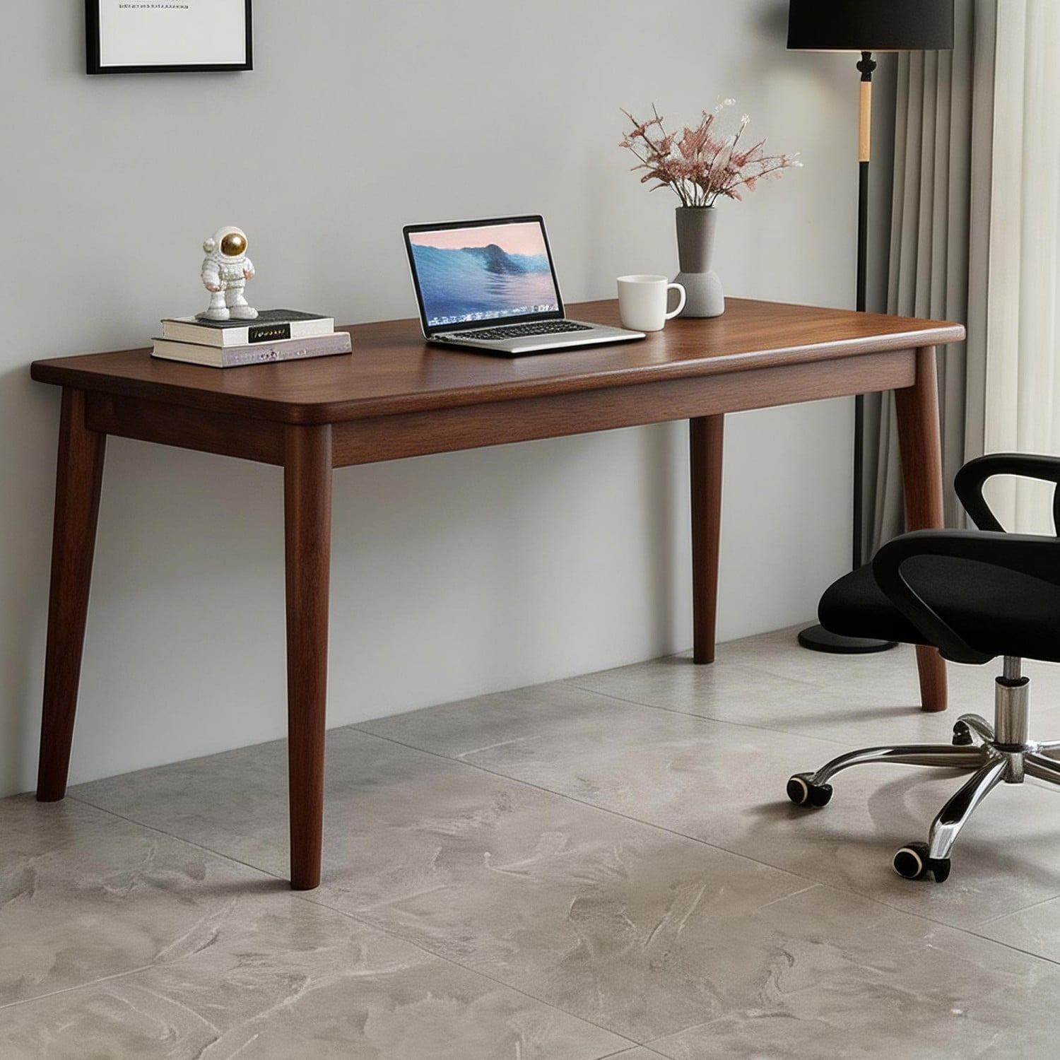 Solid Rubberwood Writing Desk 63" Mid Century Modern Small Computer Desk for Bedroom Office Study Walnut Compact Work Table