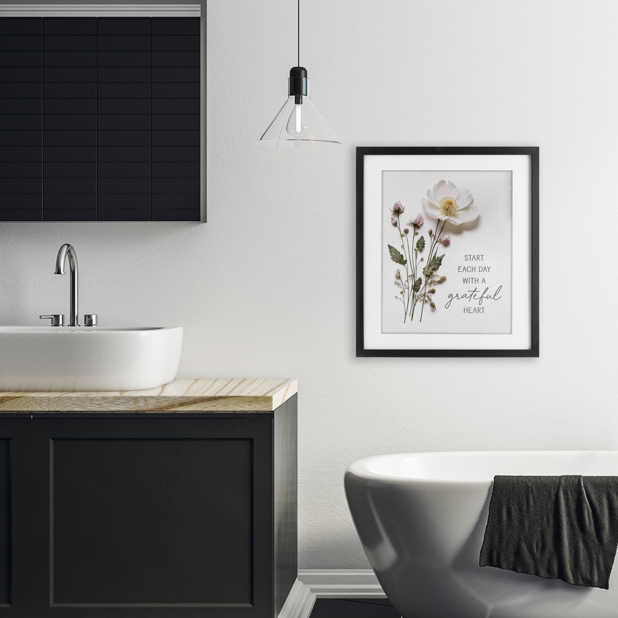 Grateful Heart Pressed Flowers Black Framed Print Under Glass, design by Lettered and Lined