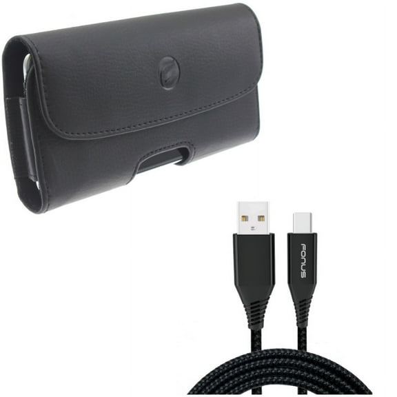 Black PU Leather Case Side Cover Protective Pouch w 6ft Long Type-C USB Cable Braided Charger Power Cord E1D for Alcatel 7 - Coolpad Legacy - Nokia 3.1 Plus - OnePlus 7 Pro