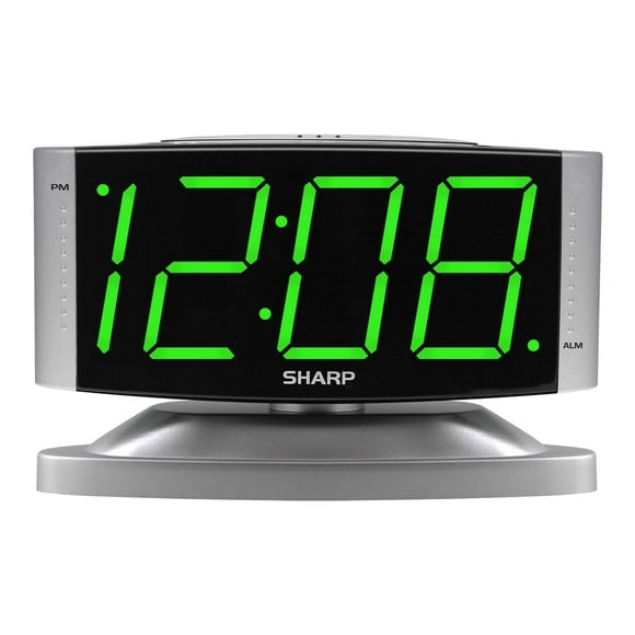 Sharp Home Reloj despertador digital LED - Base giratoria - Tomacorriente, operación simple, alarma, repetición, atenuador de brillo, pantalla de dígitos verdes grandes, caja plateada