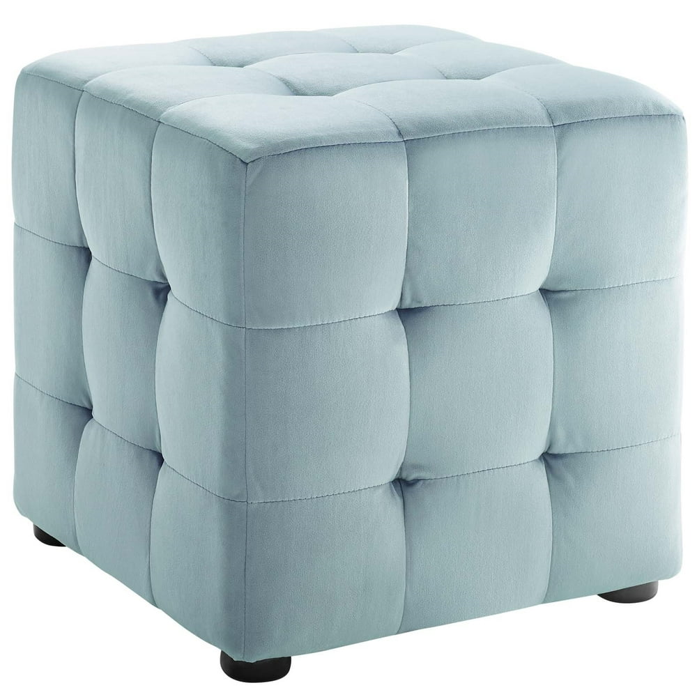 Tufted Button Cube Performance Velvet Ottoman, Light Blue