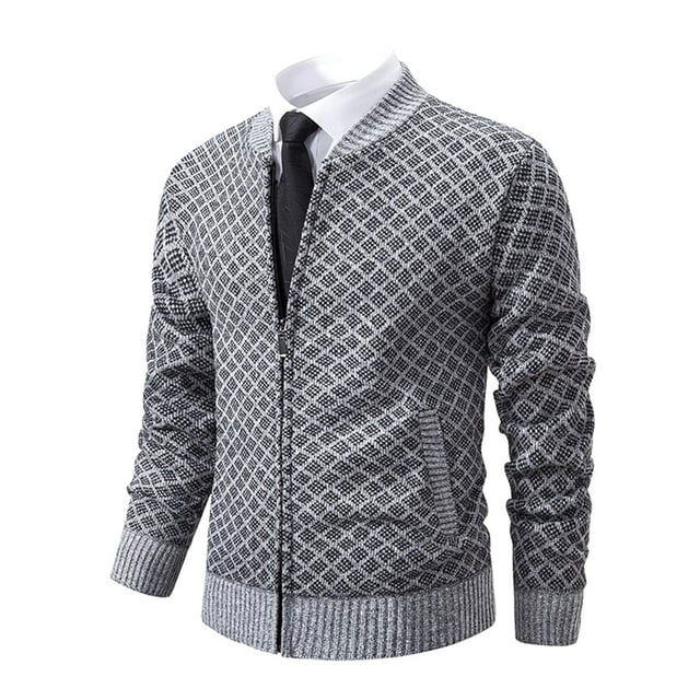 Xysaqa Men's Cardigan Sweaters Zip Up Comfortable Cable Knit Sweater Jackets Mens Slim Fitted V Neck Sweaters with Pockets Gray