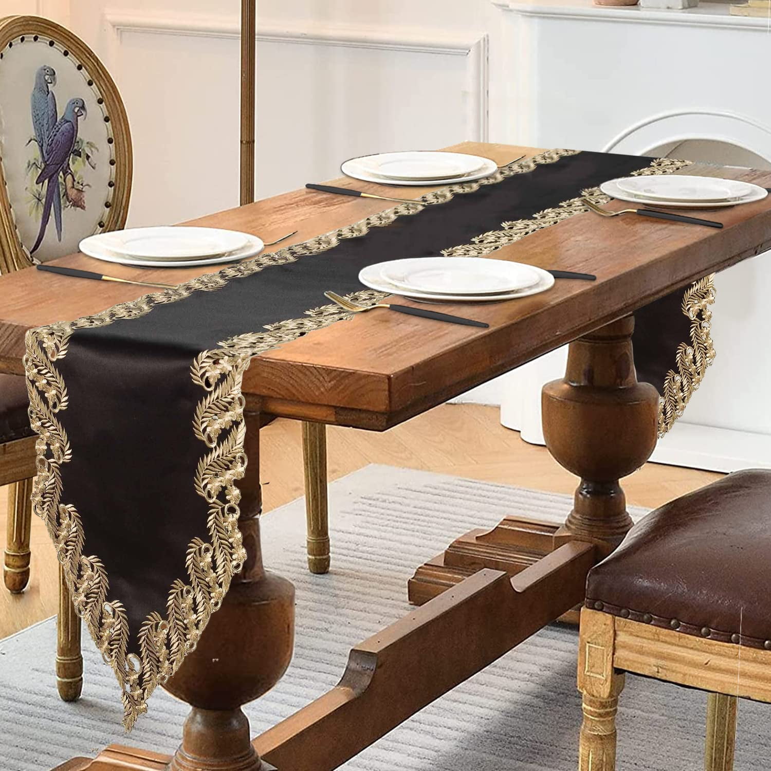 Gold Lace Black Table Runner - Dresser Scarf European Embroidery - Perfect for Fall Autumn Thanksgiving Kitchen Dining Room Home Decor Wedding Receptions - 14 x 108 inches - The Anyce Collection