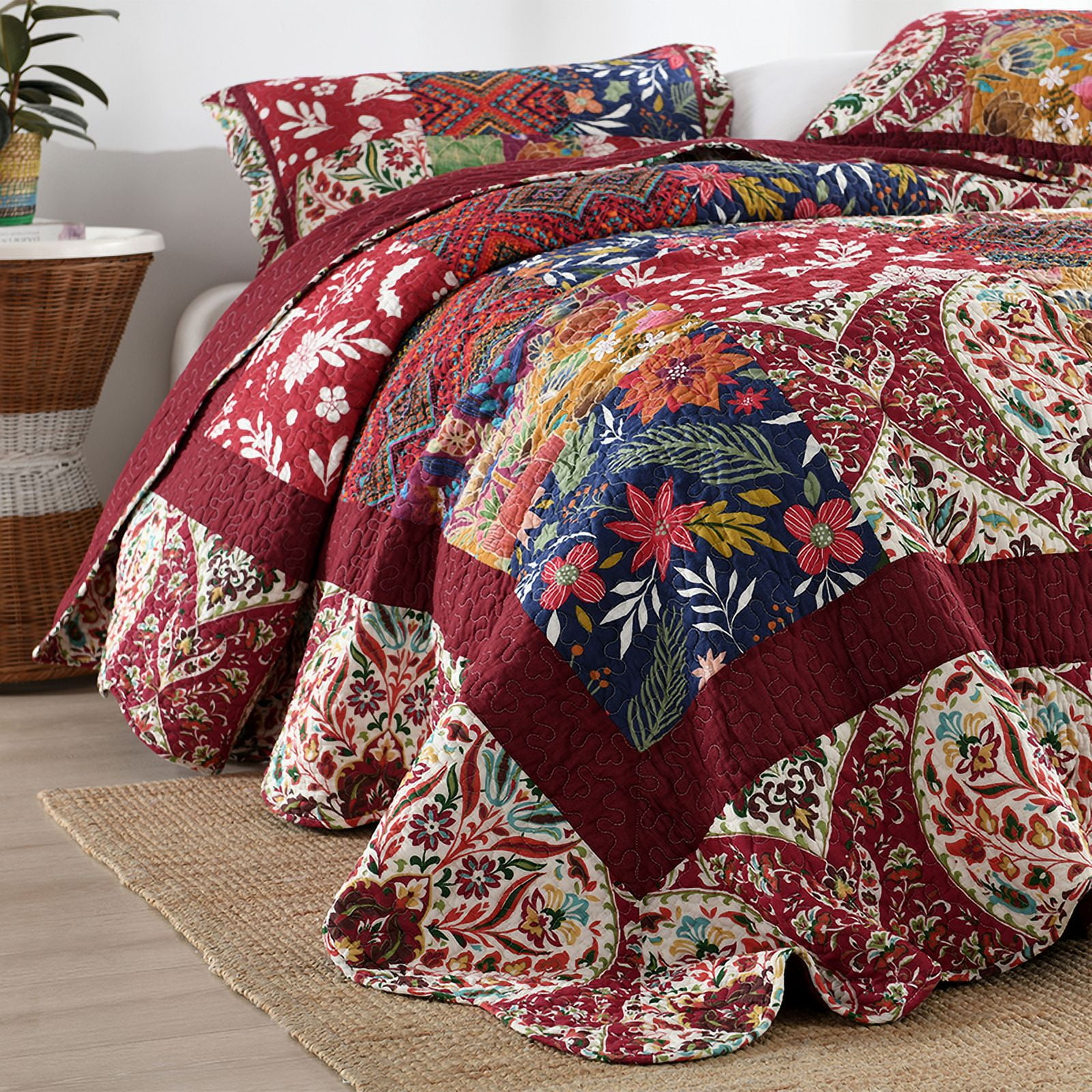 Visimisi 100%Cotton Bedspread Quilt Bedding Sets 3 Pieces Reversible Coverlet Sets Comforters Gorgeous Paisley Floral Patchwork Red Bedspread, King Size
