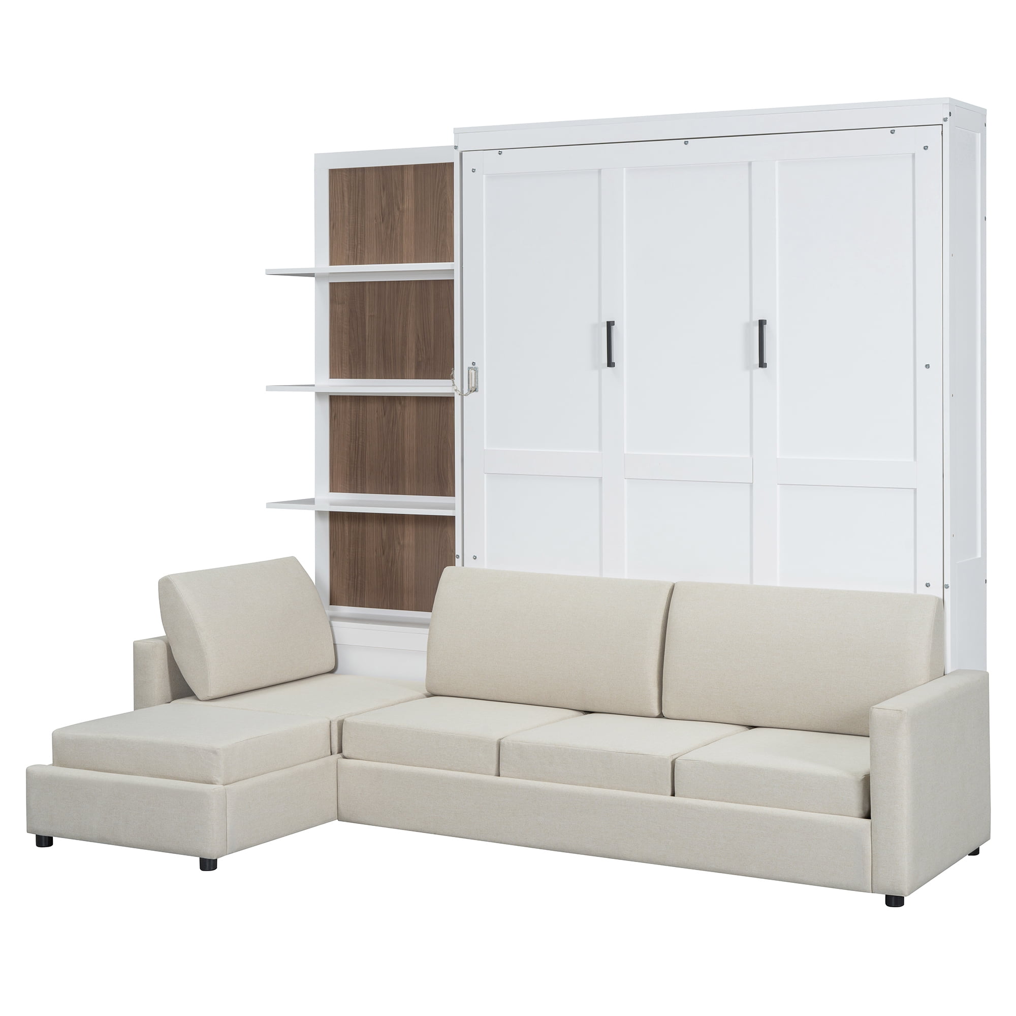 Mintazer Queen Size Murphy Bed with L-Shaped Sectional Sofa & Open Storage Shelves, Foldable Wall Cabinet Bed for Guest Room Home Office Studio Apartment, White