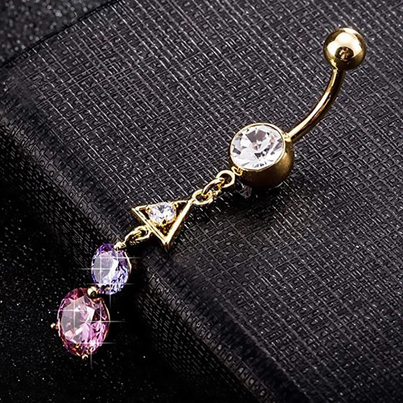 Triangle Shaped Belly Navel Ring Zircon Stainless Steel Body Piercing Jewelry(Pink)
