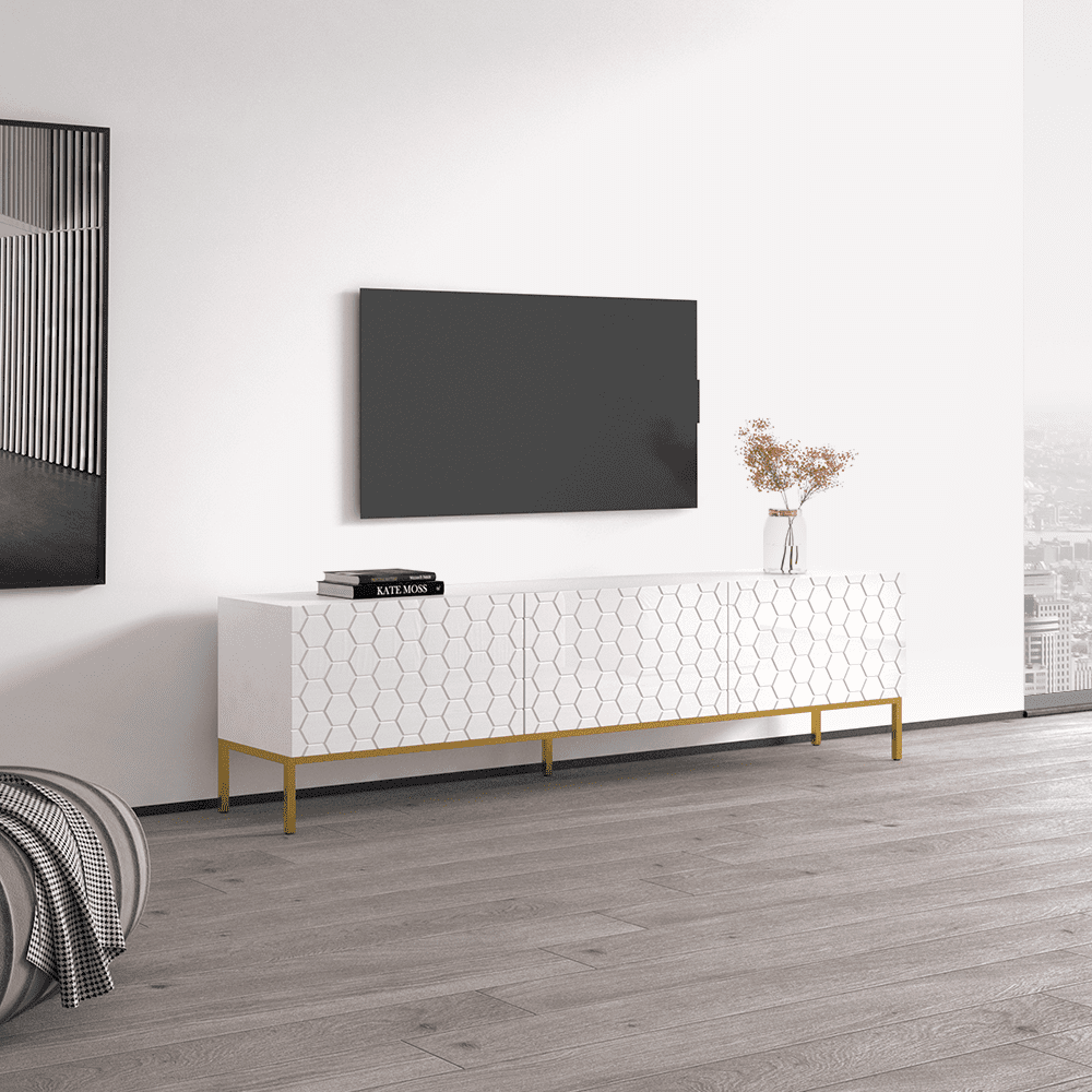 Hexa 01 TV Stand for TVs up to 85", Mid-Century Modern High Gloss 75" Entertainment Center, TV Media Console with Storage Cabinets