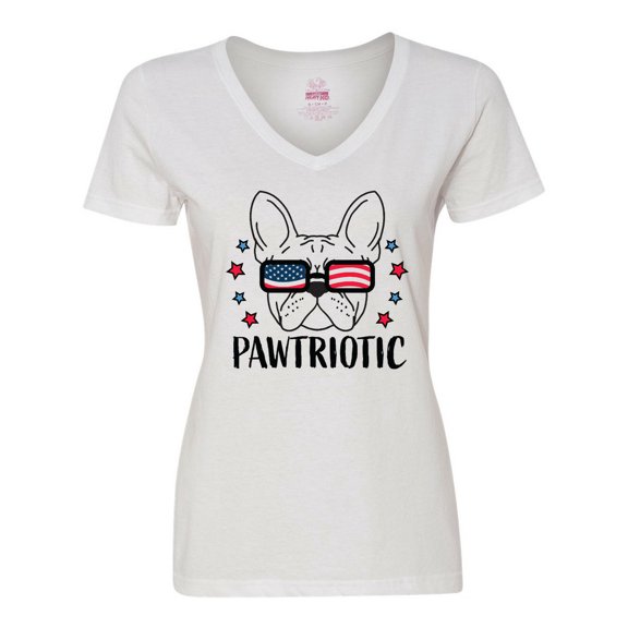 Inktastic Pawtriotic with French Bulldog  in American Flag Sunglasses Women's V-Neck T-Shirt