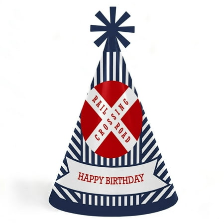 Big Dot of Happiness Railroad Party Crossing - Steam Train Cone Happy Birthday Party Hats for Kids and Adults - Set of 8 (Standard Size)