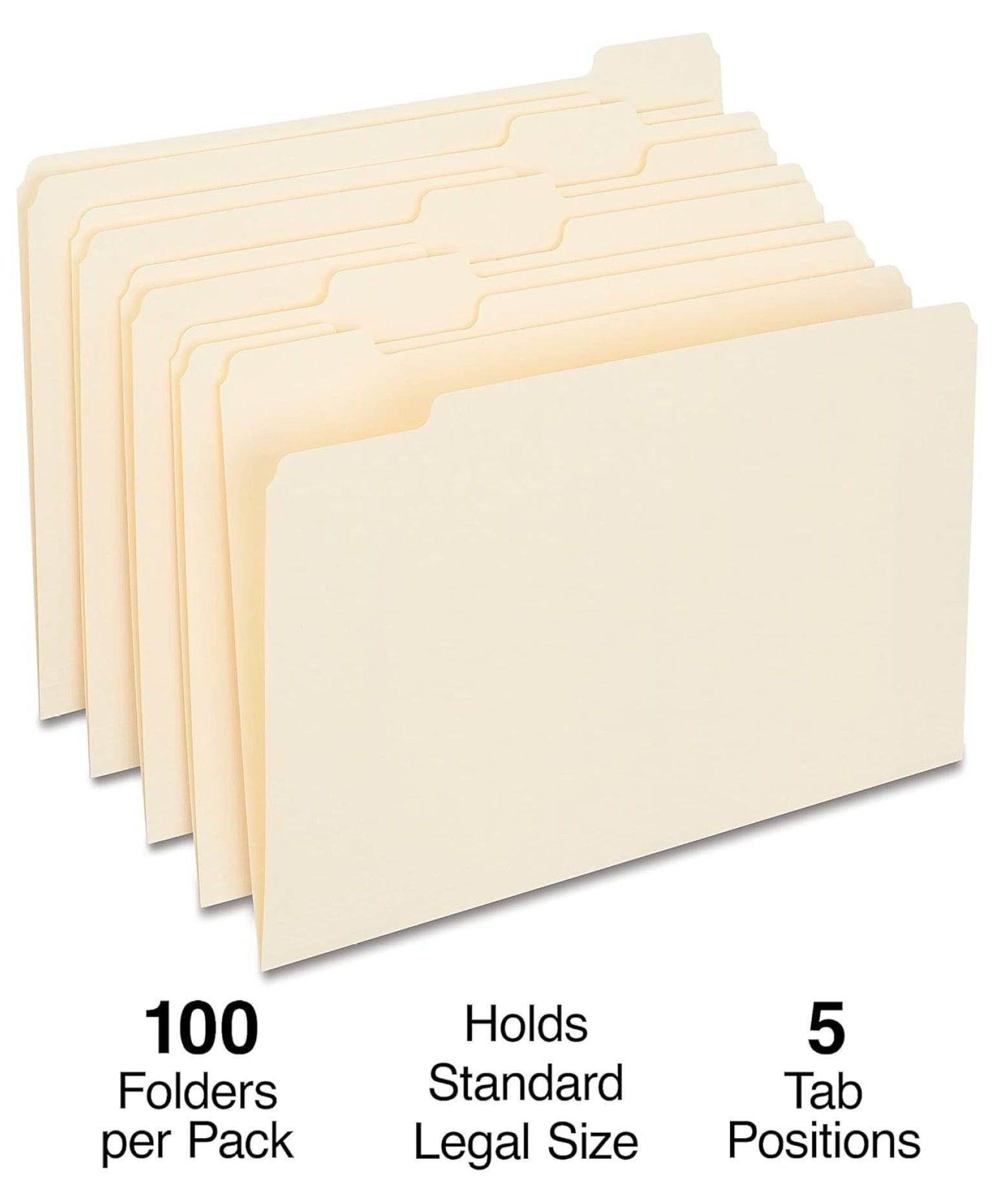 Legal Size Manila File Folders - 1/5 Cut, 200/Carton - Manila Folders for Office, Home, School - Durable 100lb Stock with 5 Assorted Tabs