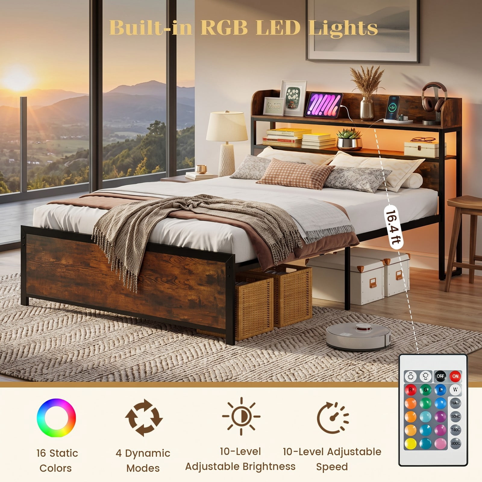 Furnibear Queen Size Bed Frame with Storage Headboard, LED Platform Bed Frame with Power Outlets and USB Ports, Rustic Brown