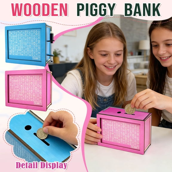 Cash Vault Wooden Savings Box 2026 New Money Box with Counter Portable Money Box for Cash Coin Cash Box Money Bank for Kids and Adults Retro Cash Savings Box,Blue-3000-With Pen