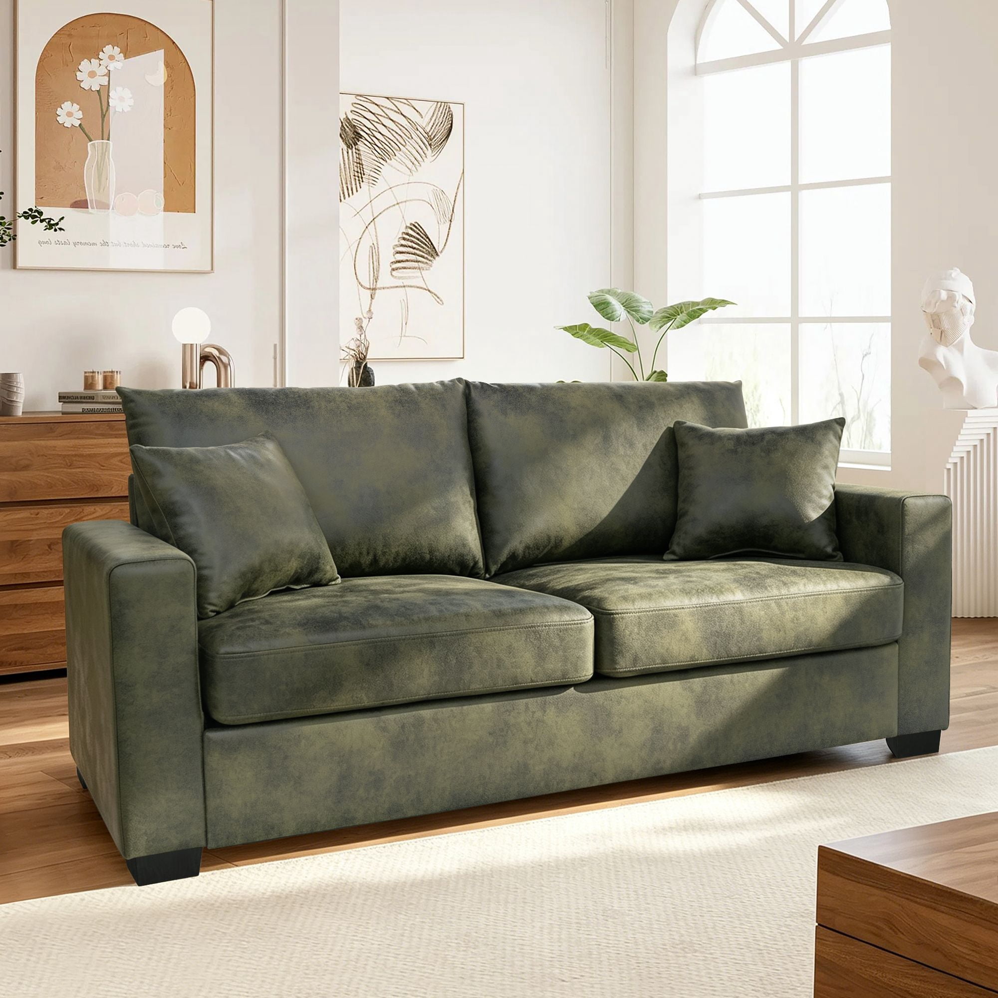 Lunale 69" Loveseat Sofa for Small Space, Modern Comfortable 2-Seater Upholstered Couch, Green Faux Leather