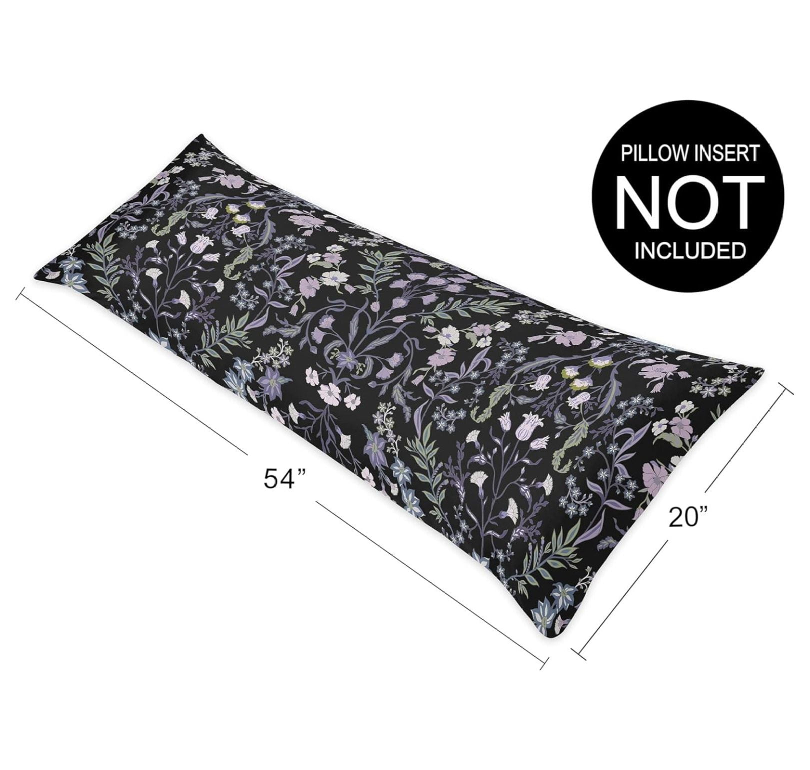 Black Purple Boho Wildflower Vintage Floral Girl Body Pillow Cover Case Decorative Accent Long Couch Bed Pregnancy Pillowcase 54x20 Lavender Bohemian Farmhouse Botanical Cottagecore