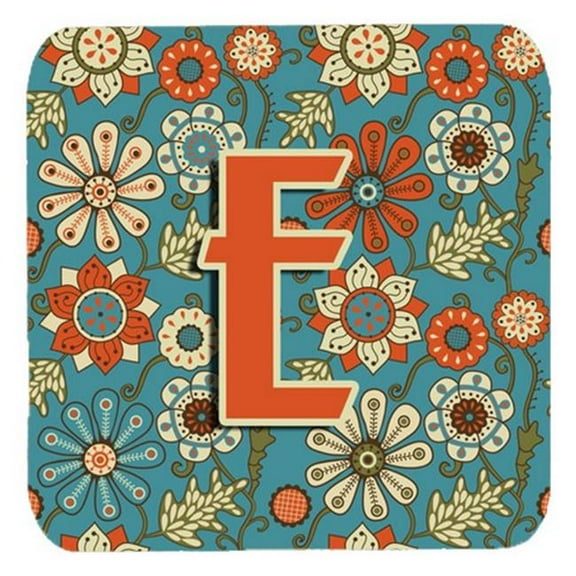 Letter E Flowers Retro Blue Foam Coasters, Set Of 4