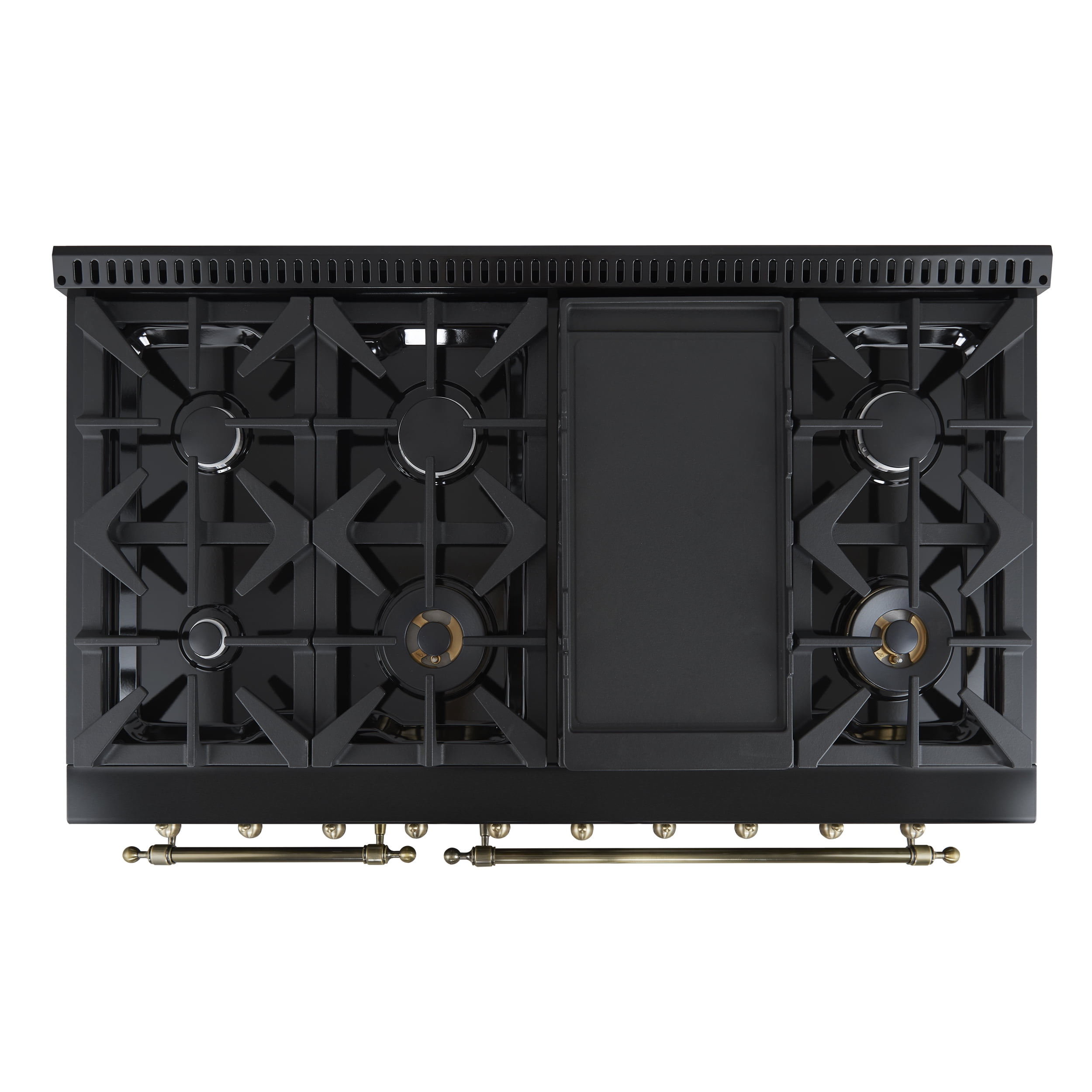 Forno Antico 48-Inch Freestanding Gas Range, Black, Antique Brass Design, 8 Burners, Griddle, Double Ovens, Energy Efficient