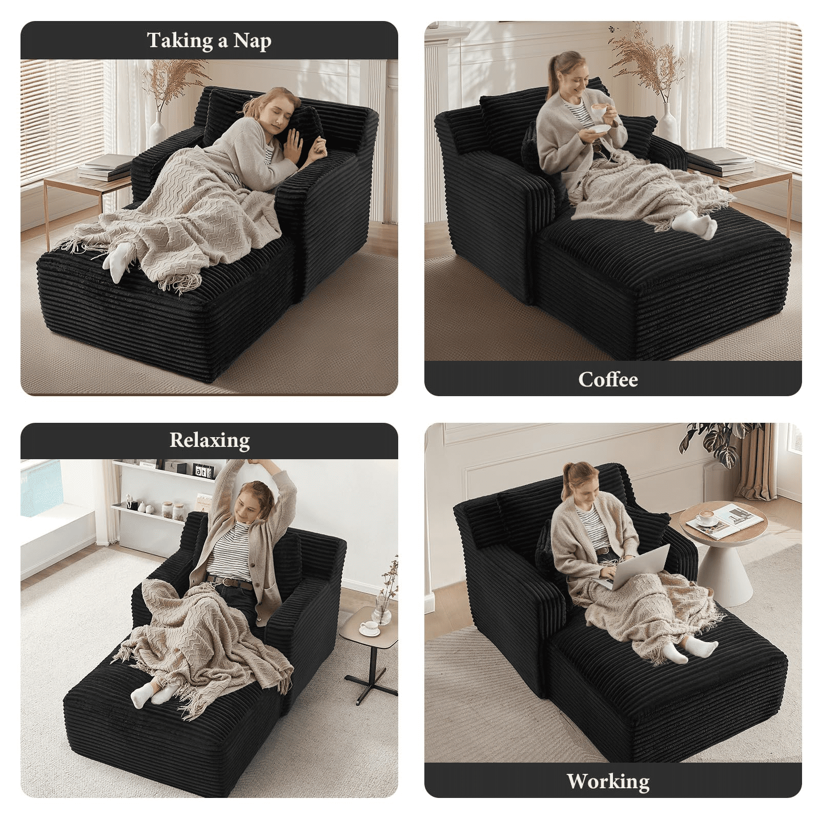 GNIXUU 65.4" Oversized Chaise Lounge Chair Indoor, Modern Corduroy Couch, Comfy Upholstered Boneless Sleeper Sofa with 3 Throw Pillows, Fluffy Reading Chairs Bed for Living Room,Black