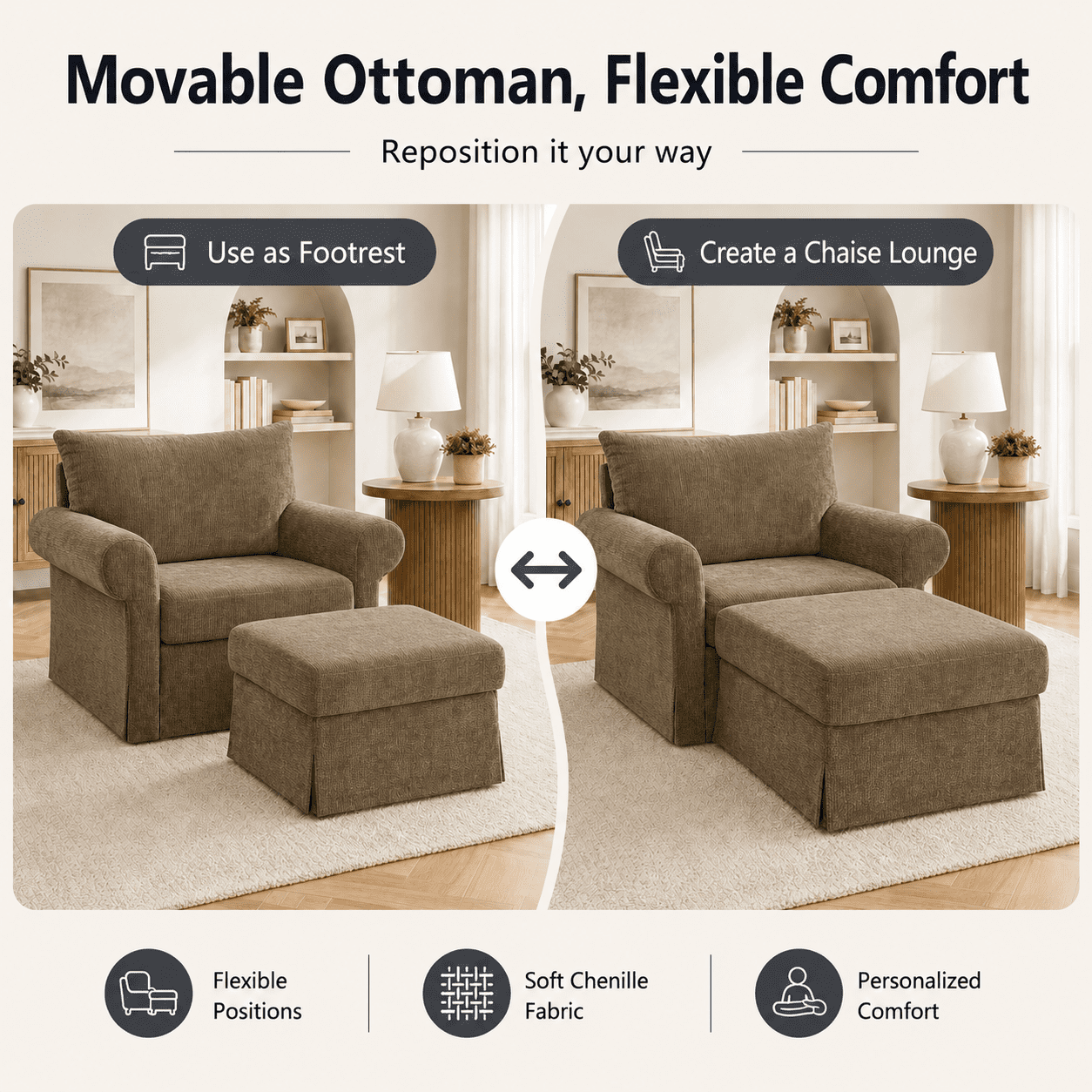 Aukfa 37.5" Oversized Chenille Accent Chair with Ottoman, Upholstered Armchair with Footrest for Living Room,Brown