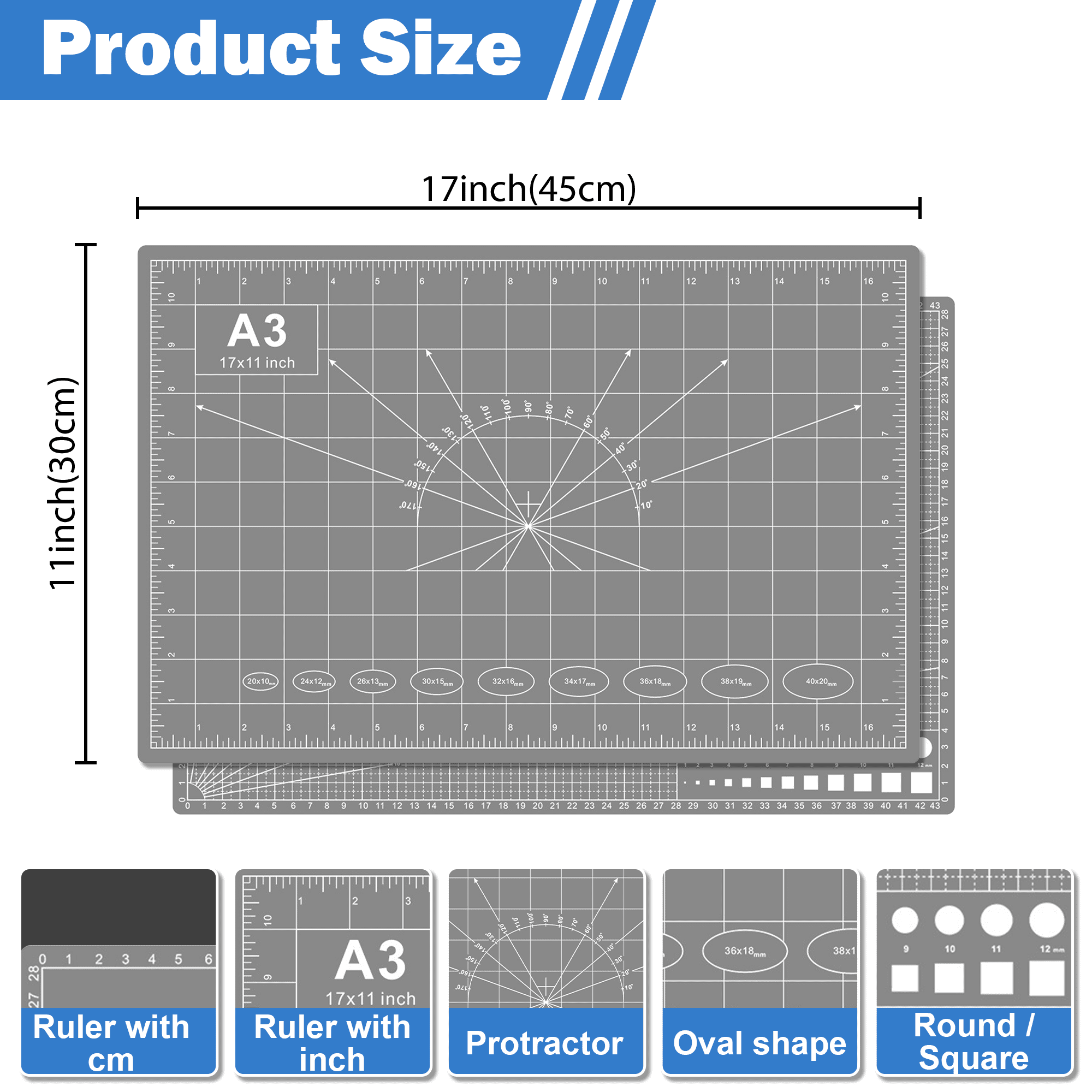 Cutting Mat, 17x11 Inch Self Healing Cutting Mat Pad, Double Sided A3 Size Craft Cutting Pad, Non Slip Art Cutting Mat with Grid Ruler for DIY Craft Sewing
