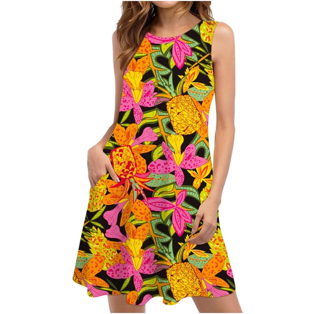 SMihono Robe d'Été Bohème pour Femmes Grande Taille Robes d'Été pour Femmes Plage Florale T-Shirt Robe Décontractée Poches Robe Bohème