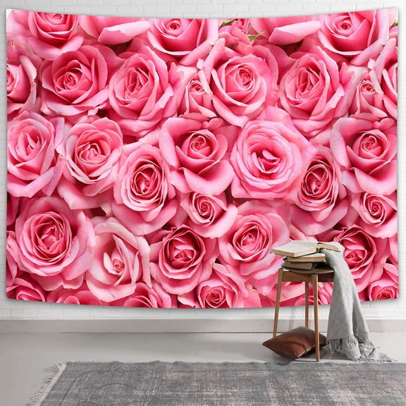 Lacoiime Pink Rose Tapestry Wall Hanging, Floral Wall Love Wedding Romantic Flowers Mother's Day Home Wall Tapestry Art for Bedroom Living Room Dorm