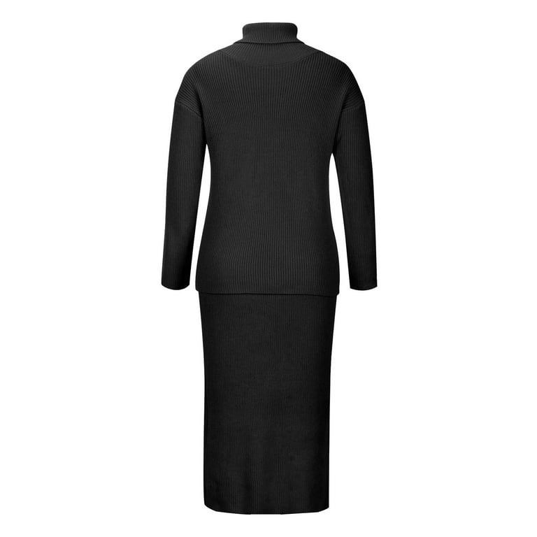 YWDJ Two Piece Outfits for Women Summer Skirt Set Casual Solid Knitting  Slimming Hip Wrap Long Sleeve Turtleneck Sweaters Skirt Suit Black M