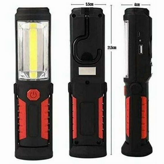 Rechargeable LED Flashlight and Work Light, 3W COB, 2-in-1, Red, Compatible with Camping, Hiking, Car, Garage, Workshop, 2 Lighting Modes