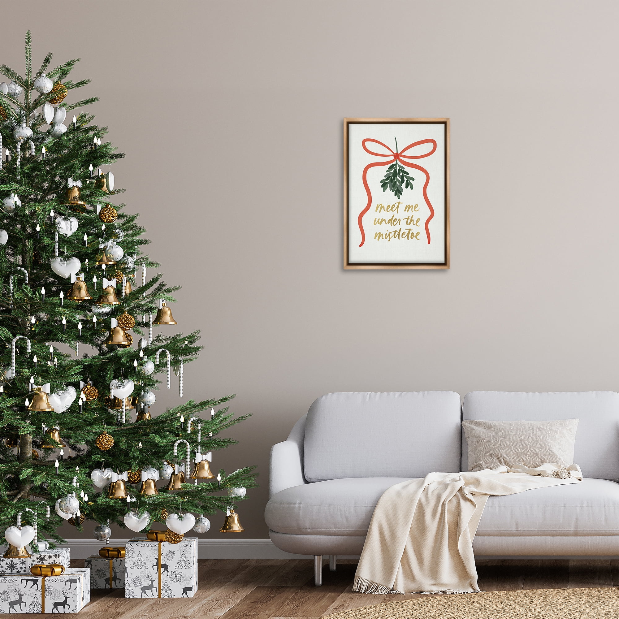 Stupell Industries Under Mistletoe Christmas Holiday Painting Brown Floater Framed Canvas Art Prints Wall Art, 17 x 25