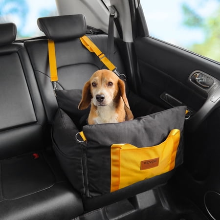 VEVOR Dog Car Seat, Waterproof Dog Booster Seat for Car with Side Handles and A Storage Pocket, Clip-On Safety Leash and PP Cotton Filling, Dog Car Bed for Small Dog up to 25lbs, Black