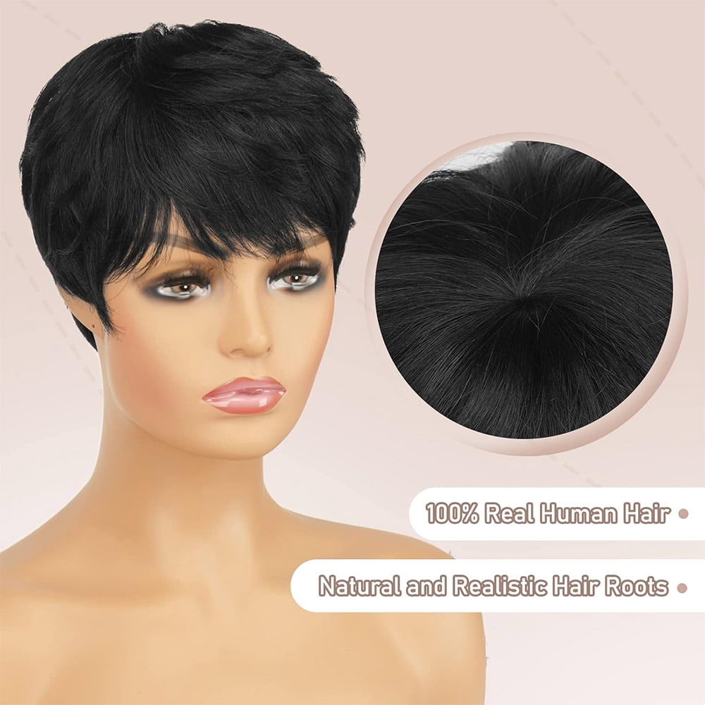Human Hair Pixie Cut Wigs for Black Women Short Layered Straight Pixie Cut Wigs With Bangs Remy Hair Natural Black Color No Glue Wig