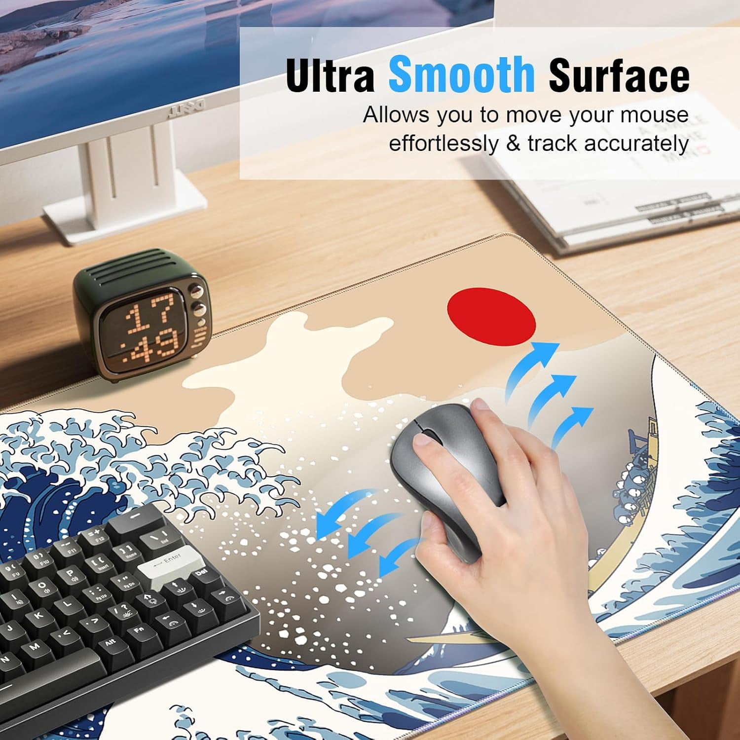 Japanese Sea Wave Mouse Pad - 31.5x11.8 Inch Professional Gaming Mouse Pad, Accuracy Control Smooth Surface, Non-Slip Rubberized Base, Full Desk Mouse Pad & Keyboard Pad