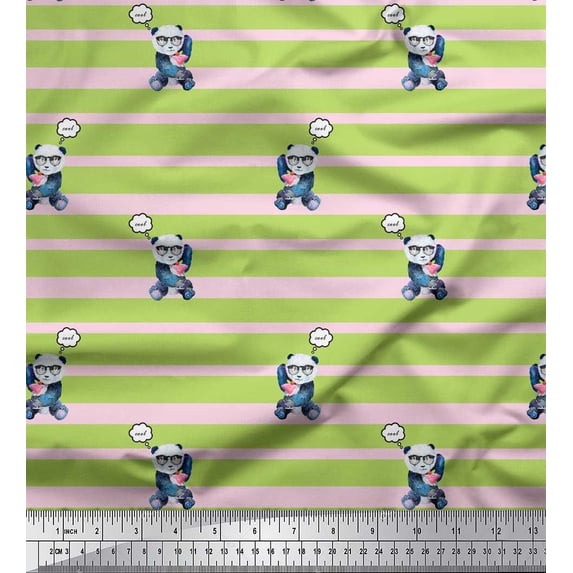 Soimoi Green polyester Crepe Fabric Panda & Stripe Decor Fabric Printed Yard 52 Inch Wide