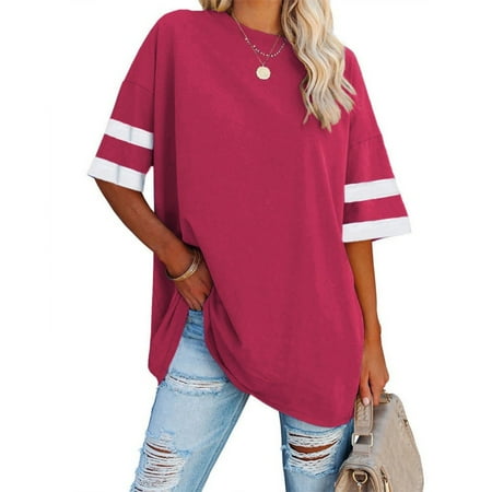 

JZSHICHAOCAR Comfortable Womens Oversized Loose Color Block Tee with Half Sleeves and Crew Neck
