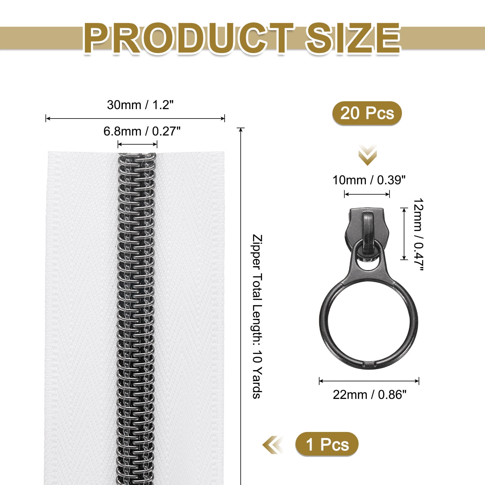 Uxcell #5 10 Yards Nylon Coil Zippers Bulk Coil Zipper by the Yards with 20 Pcs Gunmetal Zippers Sliders  White