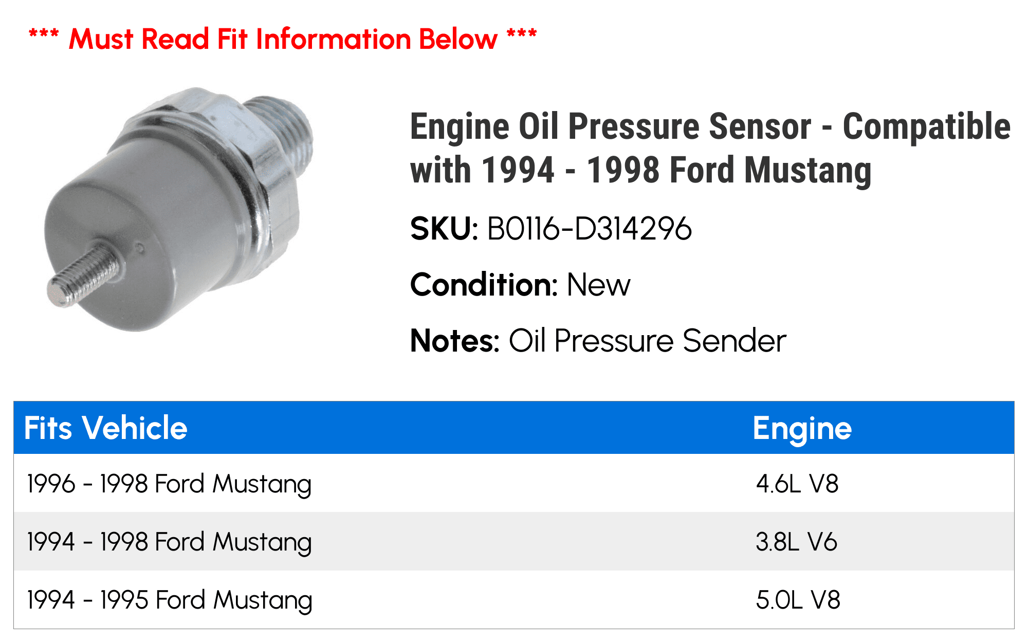 Engine Oil Pressure Sensor - Compatible with 1994 - 1998 Ford Mustang 1995 1996 1997